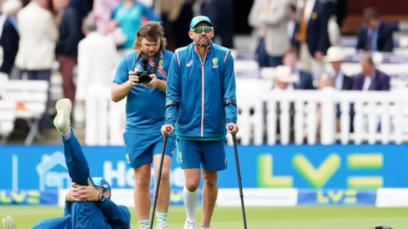 Nathan Lyon arrives on crutches as calf injury puts Ashes role in doubt