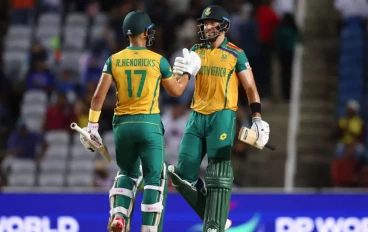 Aiden Markram and Reeza Hendricks of South Africa celebrate victory in the ICC Men's T20 Cricket World Cup West Indies & USA 2024 Semi-Final match between South Africa and Afghanistan at Bria