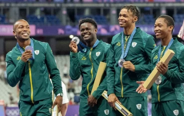 Akani Simbine, Bradley Nkoana, Shaun Maswanganyi and Bayanda Walaza of Team South Africa with their silver medals during the medal ceremony for the mens 4x100m relay on day 14 of the 2024 Par