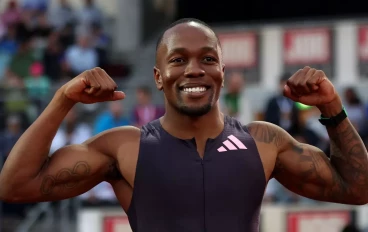 Akani Simbine of Team South Africa poses for a photo after winning in the Men's 100 Metre's Final during the Bislett Games, part of the 2024 Diamond League at Bislett Stadium on May 30, 2024
