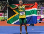 Akani Simbine (silver medallist in the mens 100m final) with his South African flag during the evening session of Athletics on day 6 of the 2022 Commonwealth Games at Alexander Stadium on Aug