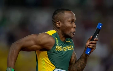 Akani SIMBINE of South Africa in action in the MenÕs 4x100m Relay during day 7 of the World Athletics Championships Budapest 2023 at National Athletics Centre on August 25, 2023 in Budapest,