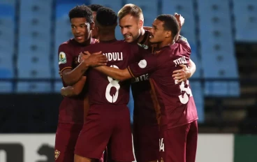 Stellenbosch FC players celebrate goal against CD Lunda Sul at Loftus Versfeld