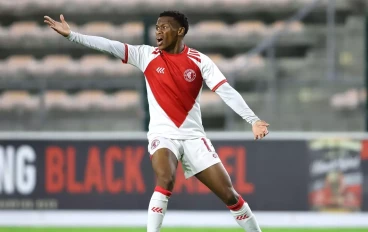 Asanele Velebayi of Cape Town Spurs appeals to the Referee during the DStv Premiership match between Cape Town Spurs and Richards Bay at Athlone Stadium on April 26, 2024 in Cape Town, South