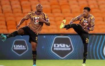 Austin Thabani Dube with Njabulo Ngcobo of Kaizer Chiefs during the DStv Premiership match between Kaizer Chiefs and Golden Arrows at FNB Stadium on March 19, 2022 in Johannesburg, South Afri
