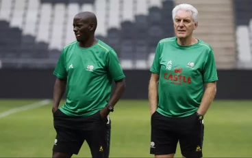 Bafana Bafana coach Hugo Broos and assistant Helman Mkhalele