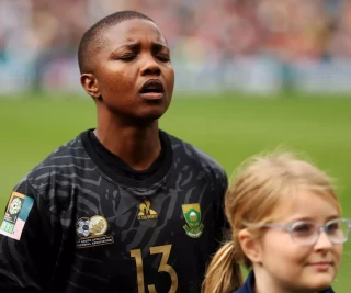 Bambanani Mbane of South Africa sings the national anthem prior to the FIFA Women's World Cup Australia & New Zealand 2023 Round of 16 match between Netherlands and South Africa at Sydney Foo