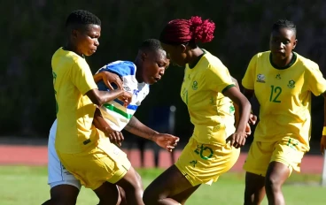 Players battle it out during the International Women's Friendly match between South Africa and Lesotho at UJ Soweto Campus on February 25, 2025 in Johannesburg, South Africa.