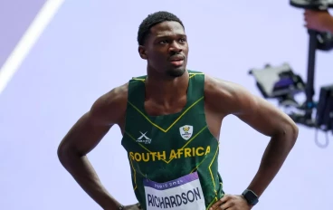 Benjamin Richardson of South Africa after the heats of the mens 100m during the morning session of athletics on day 8 of the 2024 Paris Olympic Games at Stade de France on August 03, 2024 in