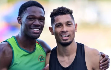 Benjamin Richardson, winner of the Men Senior 200m final with Wayde van Niekerk during day 3 of the ASA Senior Track and Field, Combined Events and Relay Championships at Msunduzi Athletics S