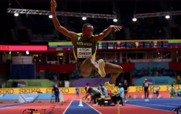 Cheswill Johnson of South Africa RSA competes during the Men's Long Jump on Day One of the World Athletics Indoor Championships Belgrade 2022 at Belgrade Arena