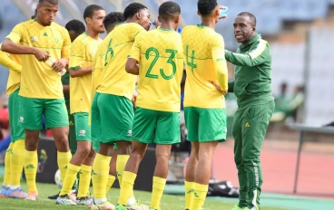South Africa Under-23 men’s national team coach David Notoane speaks to the players during the U23 Africa Cup of Nations, Qualifier match between South Africa and Congo Brazzaville