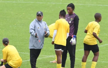 Banyana Banyana coach Dr Desiree Ellis with players during the South Africa national women's soccer team media open day at UJ Auckland Park Campus on February 20, 2025 in Johannesburg, South