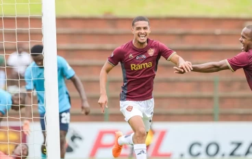Devin Titus of Stellenbosch FC celebrates scoring during the Carling Knockout, semi-final match between Richards Bay and Stellenbosch FC at King Zwelithini Stadium on December 02, 2023 in Dur