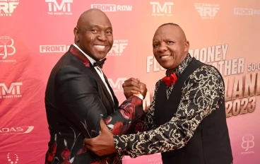 Smile Masilo Mokone & Dingaan Thobela during the Floyd Mayweather Banquet Dinner At Sandton Convention Centre on July 15, 2023 in Sandton, South Africa.