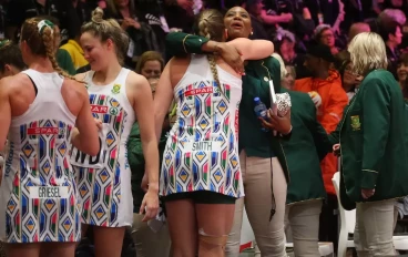 Netball Proteas assistant coach Dumisani Chauke celebrates with players during Netball World Cup 2023