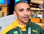 Elroy Gelant during the South Africa national road running team arrival at OR Tambo International Airport on October 03, 2023 in Johannesburg, South Africa.