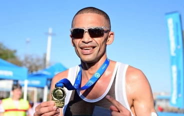 Elroy Gelant, winner of the 42km mens race during the Durban International Marathon on April 28, 2024 in Durban, South Africa