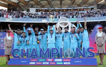 England's captain Eoin Morgan lifts the trophy after winning the Cricket World Cup final