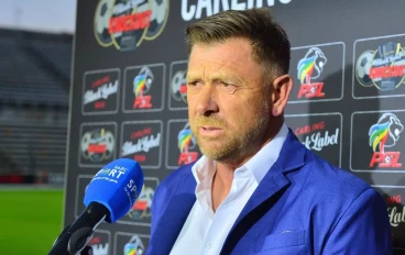 Eric Tinkler (Head Coach) of Cape Town City FC being interviewed during the Carling Knockout, Last 16 match between Cape Town City FC and Royal AM at Athlone Stadium on October 19, 2024 in Ca