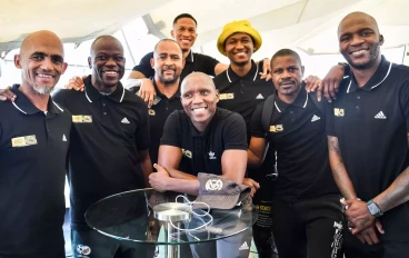 Tyrene Arendse, Hlompho Kekana, Fabian McCarthy, Njabulo Manqana, Josta Dladla, Brilliant Khuzwayo, Lucky Lekgwathi, Morgan Gould during the AmaZulu FC and Orlando Pirates joint press confere