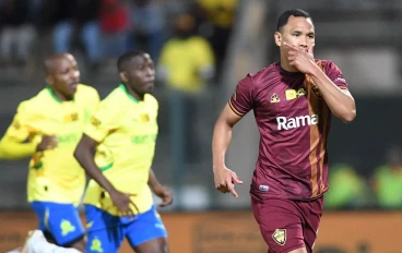 Fawaaz Basadien of Stellenbosch FC celebrates scoring a goal during the MTN8, Semi Final, 1st Leg match between Mamelodi Sundowns and Stellenbosch FC at Lucas Masterpieces Moripe Stadium on A