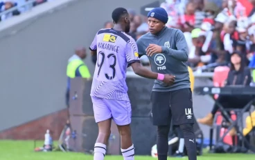 Fortune Makaringe of Cape Town City and Lebogang Manyama, assistant coach of Cape Town City during the MTN8, Semi Final, 2nd Leg match between Orlando Pirates and Cape Town City FC at Orlando