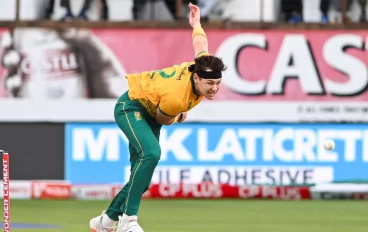 Gerald Coetzee of South Africa during the Wonder Cement International Series, 1st T20 match between South Africa and India at Hollywoodbets Kingsmead Stadium on November 08, 2024 in Durban, S