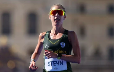 Gerda Steyn of Team South Africa competes during the Women's Marathon on day sixteen of the Olympic Games Paris 2024 at Esplanade Des Invalides on August 11, 2024 in Paris, France.