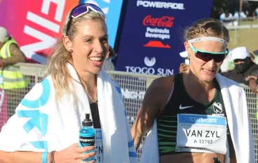 South African ultra-marathon duo Gerda Steyn and Irvette van Zyl after the 2022 Two Oceans Marathon