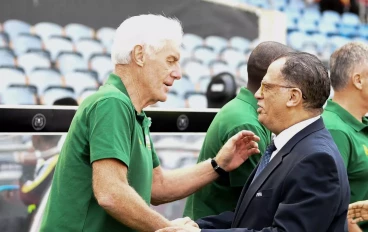 Hugo Broos and Danny Jordaan during the International friendly match between South Africa and Namibia at Orlando Stadium on September 09, 2023 in Johannesburg, South Africa.