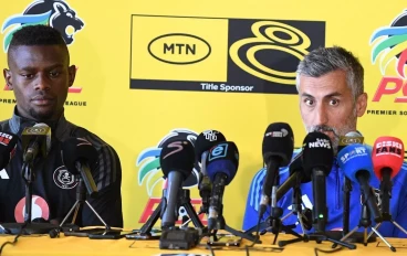 Innocent Maela and Orlando Pirates coach Jose Riveiro during the Orlando Pirates media open day at Rand Stadium on October 01, 2024 in Johannesburg, South Africa.