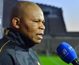 John Maduka (Head Coach) of Royal AM being interviewed during the Carling Knockout, Last 16 match between Cape Town City FC and Royal AM at Athlone Stadium on October 19, 2024 in Cape Town, S