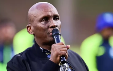 Sfiso "Jomo" Biyela, Richards Bay FC chairman speaks to the fans during the DStv Premiership match between Richards Bay and Stellenbosch FC at King Goodwill Zwelithini Stadium on May 25, 2024