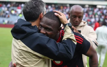 Jose Riveiro, head coach of Orlando Pirates and Tshegofatso Mabasa of Orlando Pirates during the Betway Premiership match between Orlando Pirates and Marumo Gallants FC at Orlando Stadium on