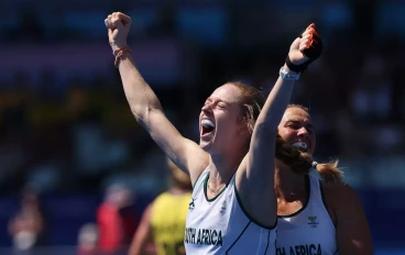 SA Women's Hockey player Kayla de Waal celebrate goal vs Australia at Paris 2024