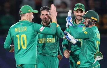 Keshav Maharaj of South Africa celebrates the wicket of Netherlands' Logan van Beek during the ICC Men's Cricket World Cup 2023 match between South Africa and Netherlands at HPCA Stadium on O