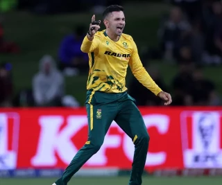 Keshav Maharaj of South Africa reacts after taking a wicket during game one in the Men's T20 International series between New Zealand and South Africa at Bay Oval on March 15, 2026 in Mount M