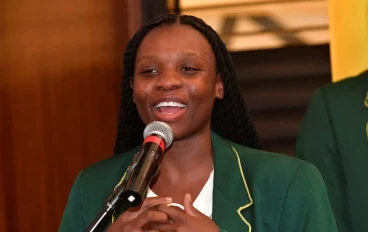 Khanyisa Chawane speaks after being announced as a captain during the Netball South Africa and SPAR major announcement at Sandton Sun on August 14, 2024 in Johannesburg, South Africa.