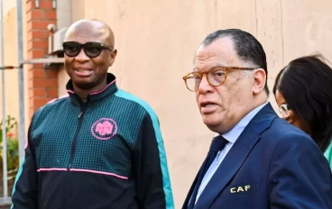 Zizi Kodwa, SA minister of Sport, Arts and Culture and Danny Jordaan, SAFA president at the home of the late Clive Barker on June 12, 2023 in Durban, South Africa