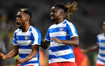 Mohammed Sangare and Allen Njie of Liberia celebrates during the 2023 Africa Cup of Nations qualifier match between South Africa and Liberia at Orlando Stadium on March 24, 2023 in Johannesbu
