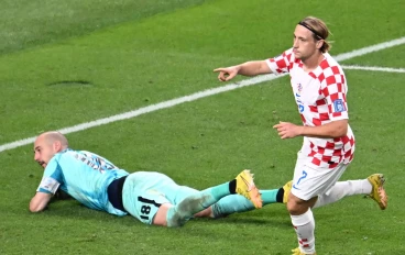 Lovro Majer (7) of Croatia celebrates after scoring a goal during the Qatar 2022 World Cup Group F