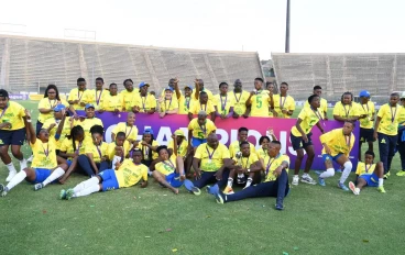 Mamelodi Sundowns Ladies celebrates winning during the Hollywoodbets Super League match between Mamelodi Sundowns Ladies and UWC at Lucas Moripe Stadium on December 8, 2024 in Pretoria, South