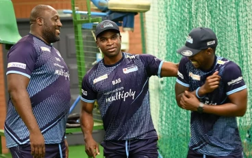 Mandla Mashimbyi, Junior Dala and Sibonelo Makhanya of the Titans during the Momentum Multiply Titans training session at SuperSport Park on January 19, 2022 in Centurion, South Africa.