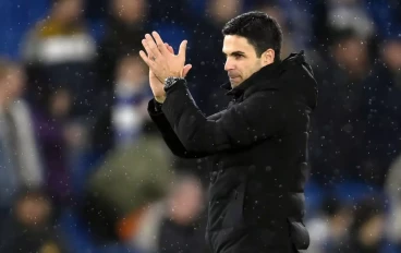 Mikel Arteta, Manager of Arsenal, applauds the fans following their side's victory in the Premier League match between Brighton & Hove Albion and Arsenal FC at American Express Community Stad