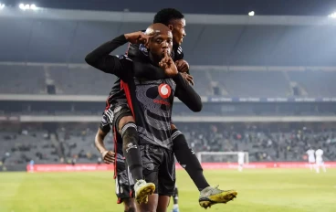 Monnapule Saleng and Zakhele Lepasa celebrates during the DStv Premiership match between Orlando Pirates and Royal AM at Orlando Stadium on August 08, 2023 in Johannesburg, South Africa.