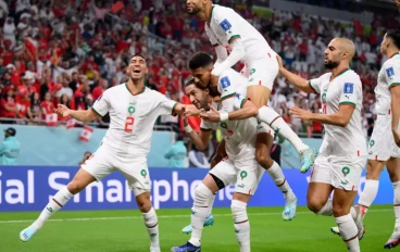 Hakim Ziyech of Morocco celebrates with teammates after scoring the team's first goal during the FIFA World Cup Qatar 2022