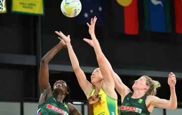 Cara Koenen of Australia wins the ball against Karla Pretorius and Phumza Maweni of South Africa during game two of the international Test Match series between Australia Diamonds and South Af