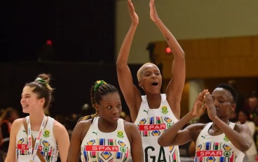 Nichole Taljaard, Khanyisa Chawane, Owethu Ngubane and Bongiwe Msomi (Captain) of South Africa during the Netball World Cup 2023, Pool G match between South Africa and New Zealand at Cape Tow