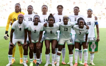 Team Nigeria pose for a photo ahead of the Women's group C match between Spain and Nigeria during the Olympic Games Paris 2024 at Stade de la Beaujoire on July 28, 2024 in Nantes, France.